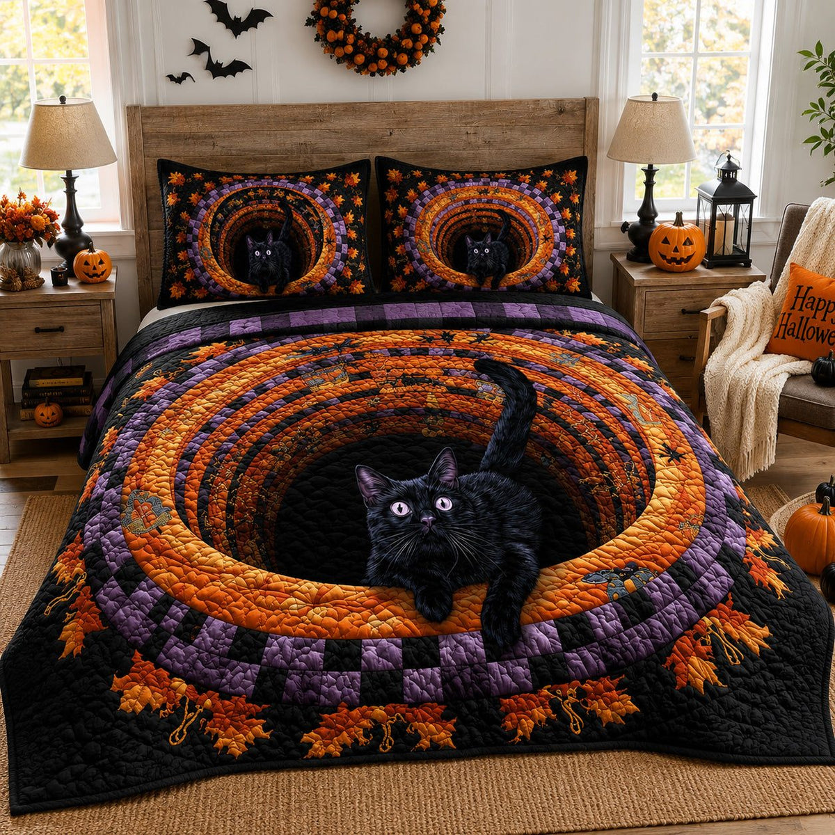 Witchy Whiskers quilted 3-piece bedding set on a made bed against a dark styled interior