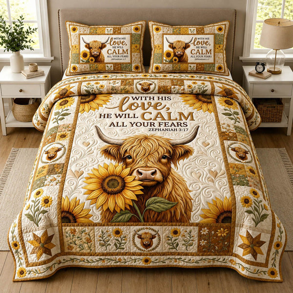 With His Love quilted 3-piece bedding set on a made bed with two matching pillow shams