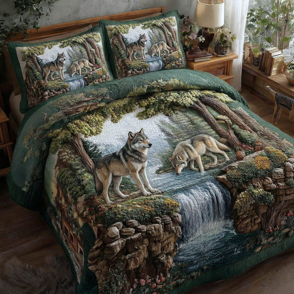 Wolf Couple quilted 3-piece bedding set on a made bed with two matching pillow shams
