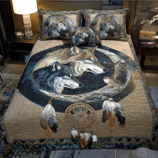 Wolf Crest quilted 3-piece bedding set on a made bed with two matching pillow shams