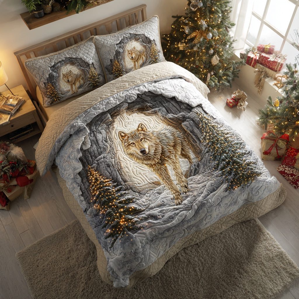 Wolf Den Snow quilted 3-piece bedding set on a made bed with two matching pillow shams