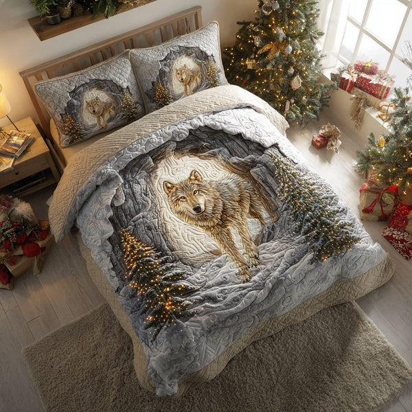 Wolf Den Snow quilted 3-piece bedding set on a made bed with two matching pillow shams