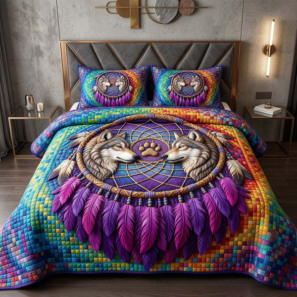 Wolf Dream quilted 3-piece bedding set on a made bed with two matching pillow shams