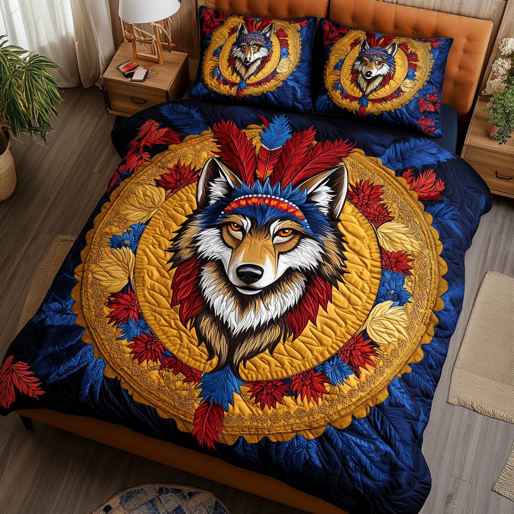 Wolf Dream quilted 3-piece bedding set on a made bed with two matching pillow shams