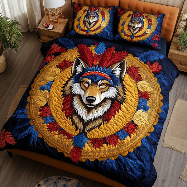 Wolf Dream quilted 3-piece bedding set on a made bed with two matching pillow shams