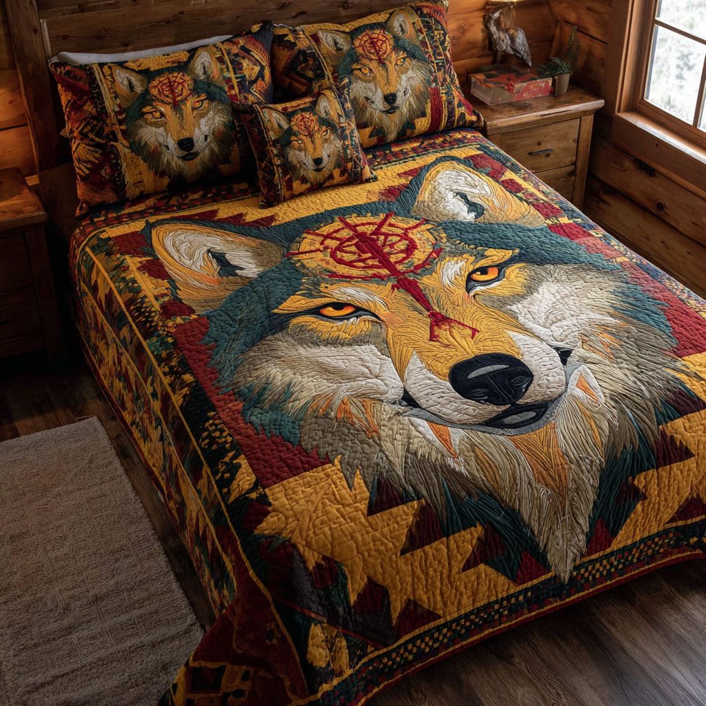 Wolf Echo quilted 3-piece bedding set on a made bed with two matching pillow shams