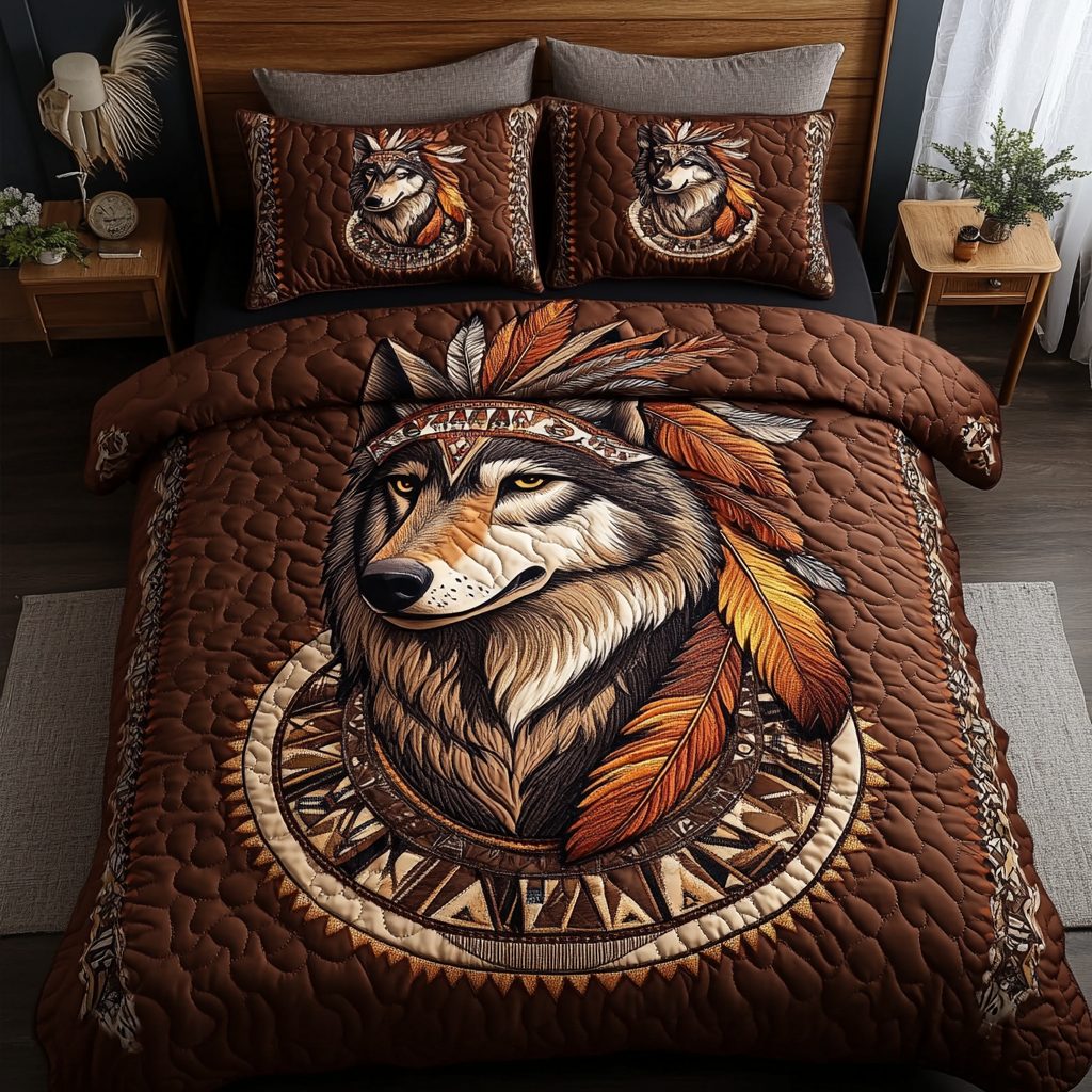 Wolf Ember quilted 3-piece bedding set on a made bed with two matching pillow shams