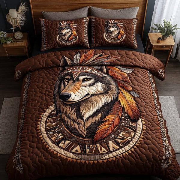 Wolf Ember quilted 3-piece bedding set on a made bed with two matching pillow shams