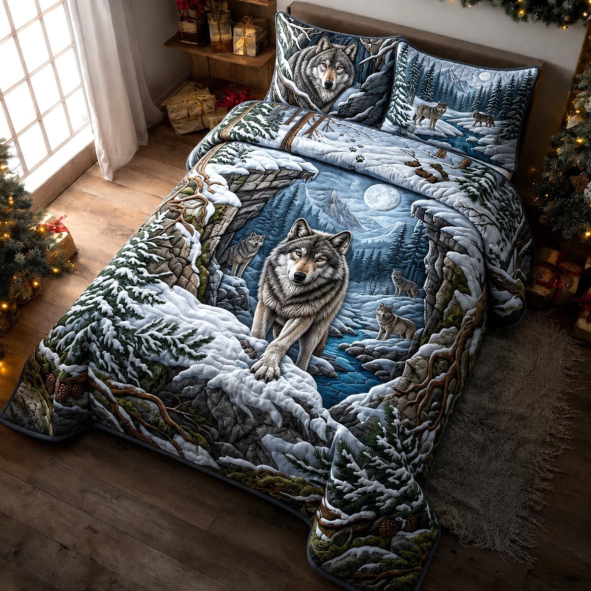 Wolf Family quilted 3-piece bedding set on a made bed with two matching pillow shams