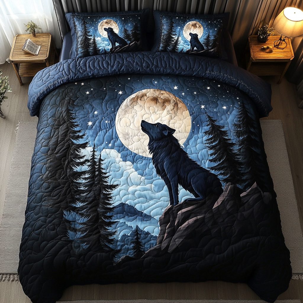Wolf Forest quilted 3-piece bedding set on a made bed with two matching pillow shams