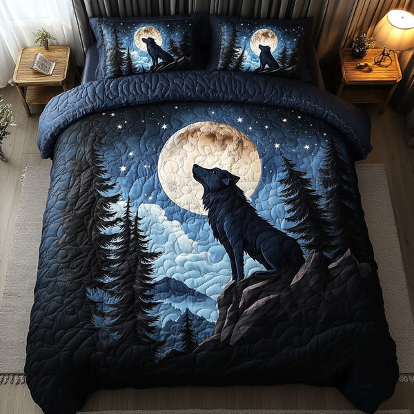 Wolf Forest quilted 3-piece bedding set on a made bed with two matching pillow shams