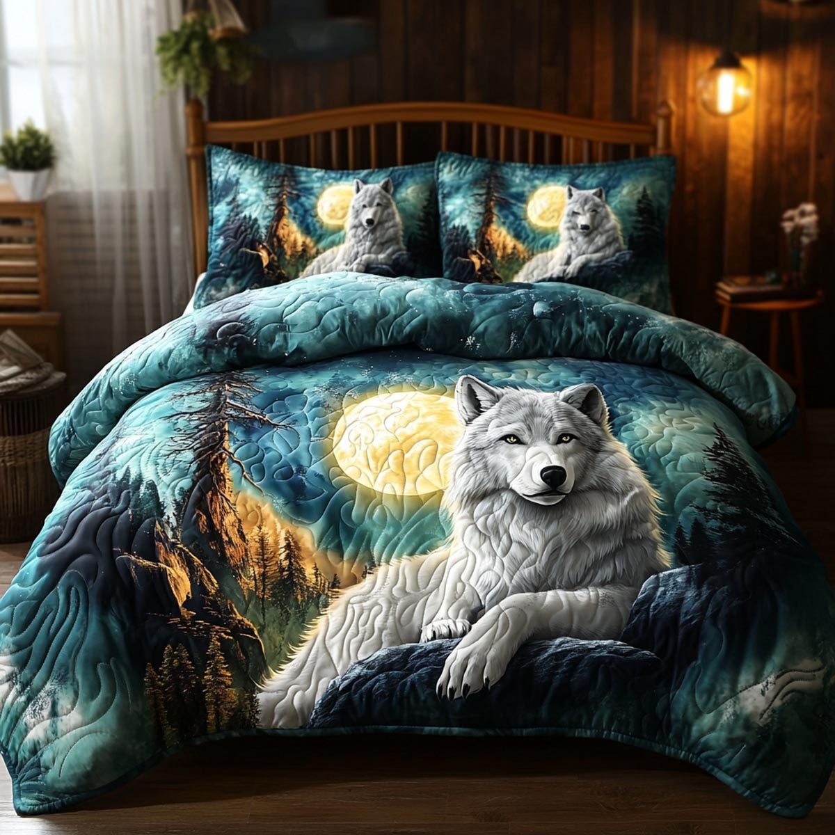 Wolf Guardian quilted 3-piece bedding set on a made bed with two matching pillow shams