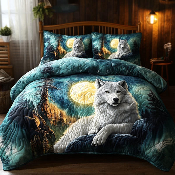 Wolf Guardian quilted 3-piece bedding set on a made bed with two matching pillow shams