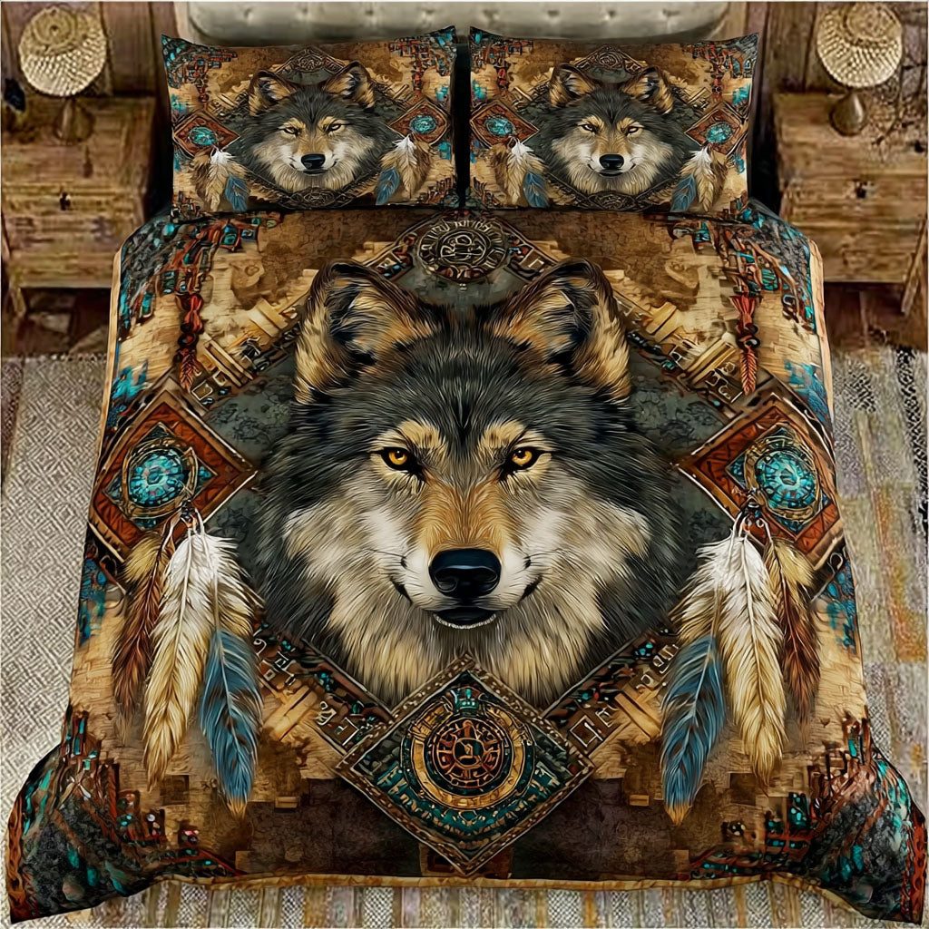 Wolf Heart quilted 3-piece bedding set on a made bed with two matching pillow shams