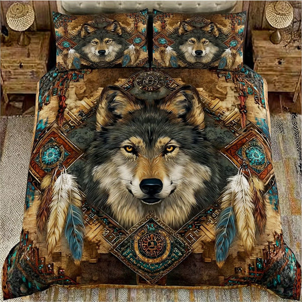 Wolf Heart quilted 3-piece bedding set on a made bed with two matching pillow shams