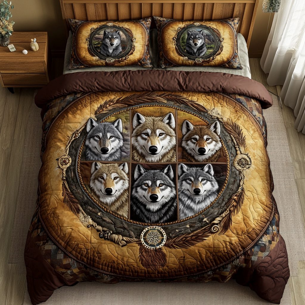 Wolf Heart quilted 3-piece bedding set on a made bed with two matching pillow shams