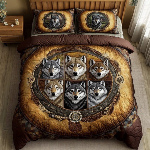 Wolf Heart quilted 3-piece bedding set on a made bed with two matching pillow shams