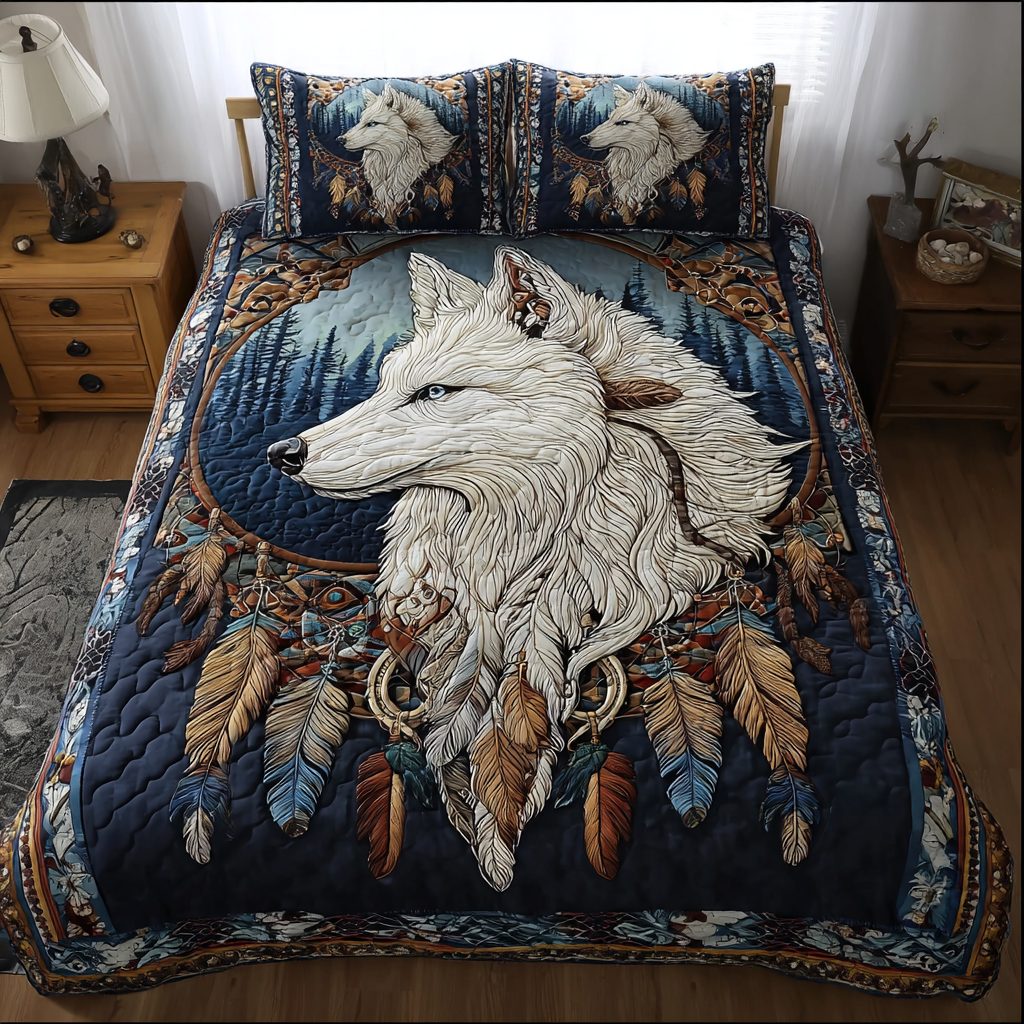 Wolf Horizon quilted 3-piece bedding set on a made bed with two matching pillow shams