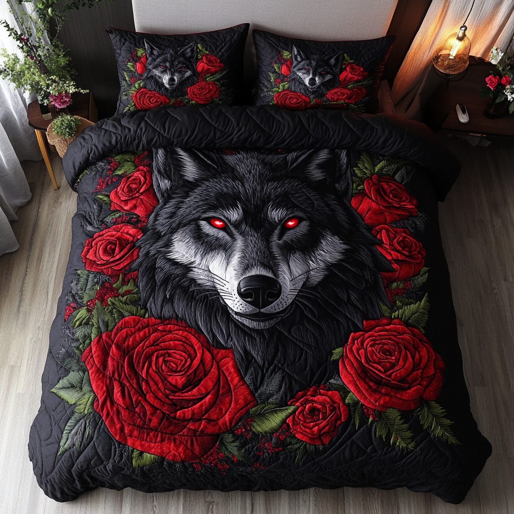 Wolf Howl quilted 3-piece bedding set on a made bed with two matching pillow shams