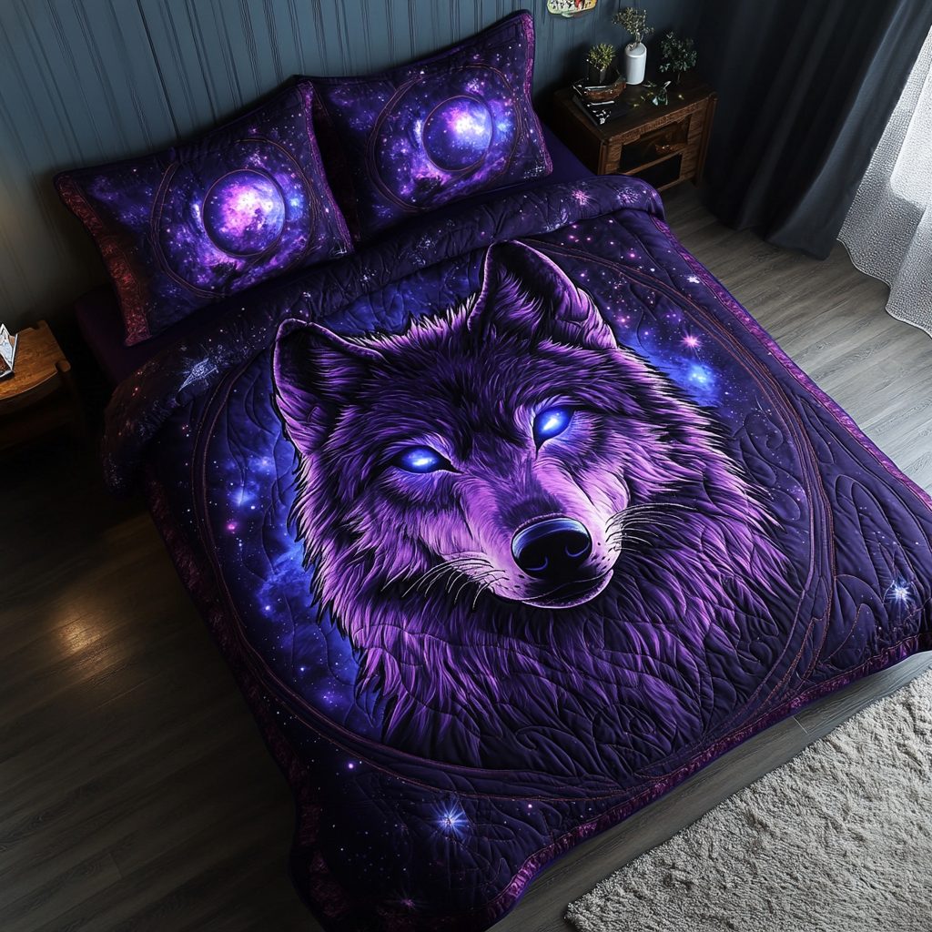 Wolf Journey quilted 3-piece bedding set on a made bed with two matching pillow shams