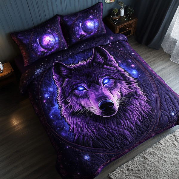 Wolf Journey quilted 3-piece bedding set on a made bed with two matching pillow shams