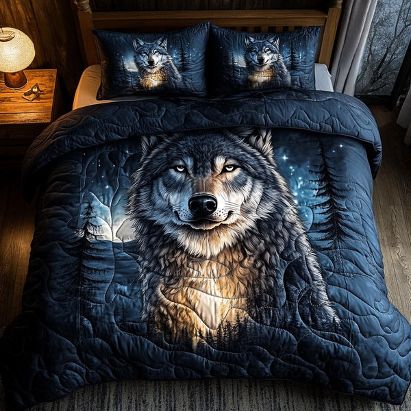 Wolf Legacy quilted 3-piece bedding set on a made bed with two matching pillow shams
