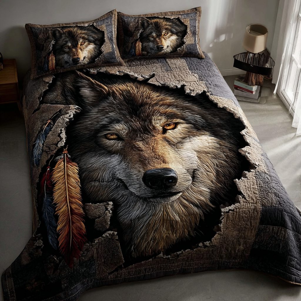 Wolf Mirage quilted 3-piece bedding set on a made bed with two matching pillow shams