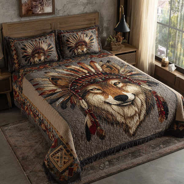 Wolf Moon quilted 3-piece bedding set on a made bed with two matching pillow shams