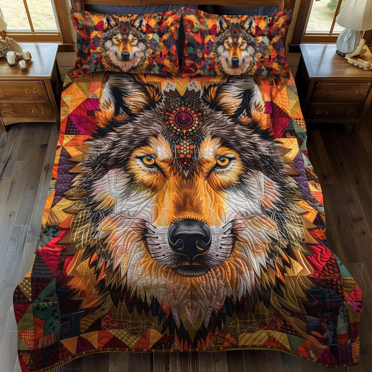 Wolf Native quilted 3-piece bedding set on a made bed with two matching pillow shams