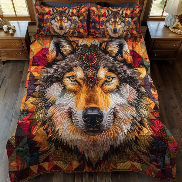 Wolf Native quilted 3-piece bedding set on a made bed with two matching pillow shams
