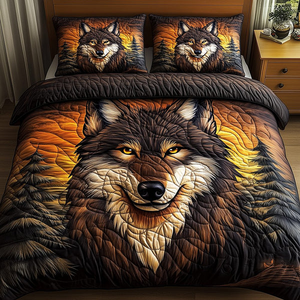Wolf of the Night quilted 3-piece bedding set on a made bed with two matching pillow shams