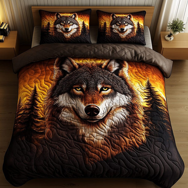 Wolf of the Night quilted 3-piece bedding set on a made bed with two matching pillow shams