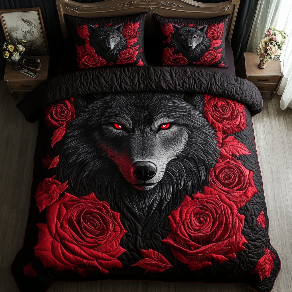 Wolf Pack quilted 3-piece bedding set on a made bed with two matching pillow shams