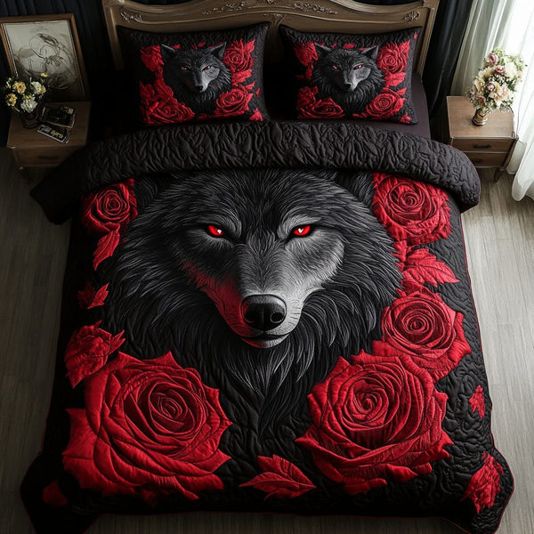Wolf Pack quilted 3-piece bedding set on a made bed with two matching pillow shams