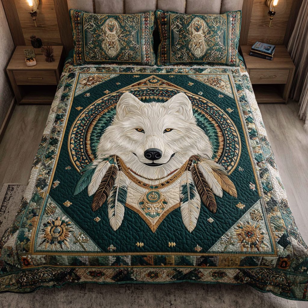 Wolf Path quilted 3-piece bedding set on a made bed with two matching pillow shams