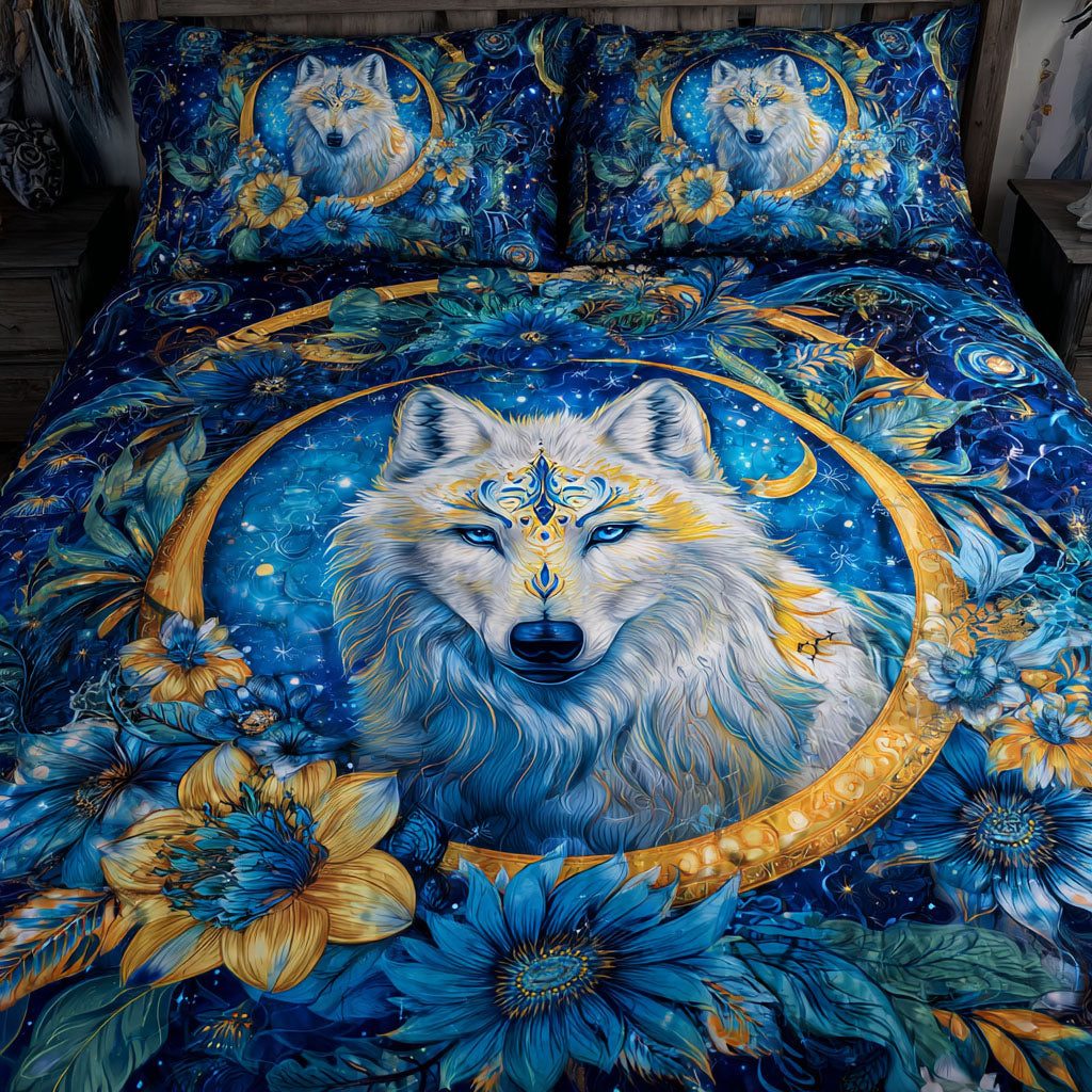 Wolf Path quilted 3-piece bedding set on a made bed with two matching pillow shams