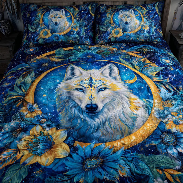 Wolf Path quilted 3-piece bedding set on a made bed with two matching pillow shams