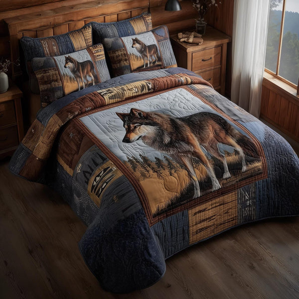 Wolf quilted 3-piece bedding set on a made bed with two matching pillow shams