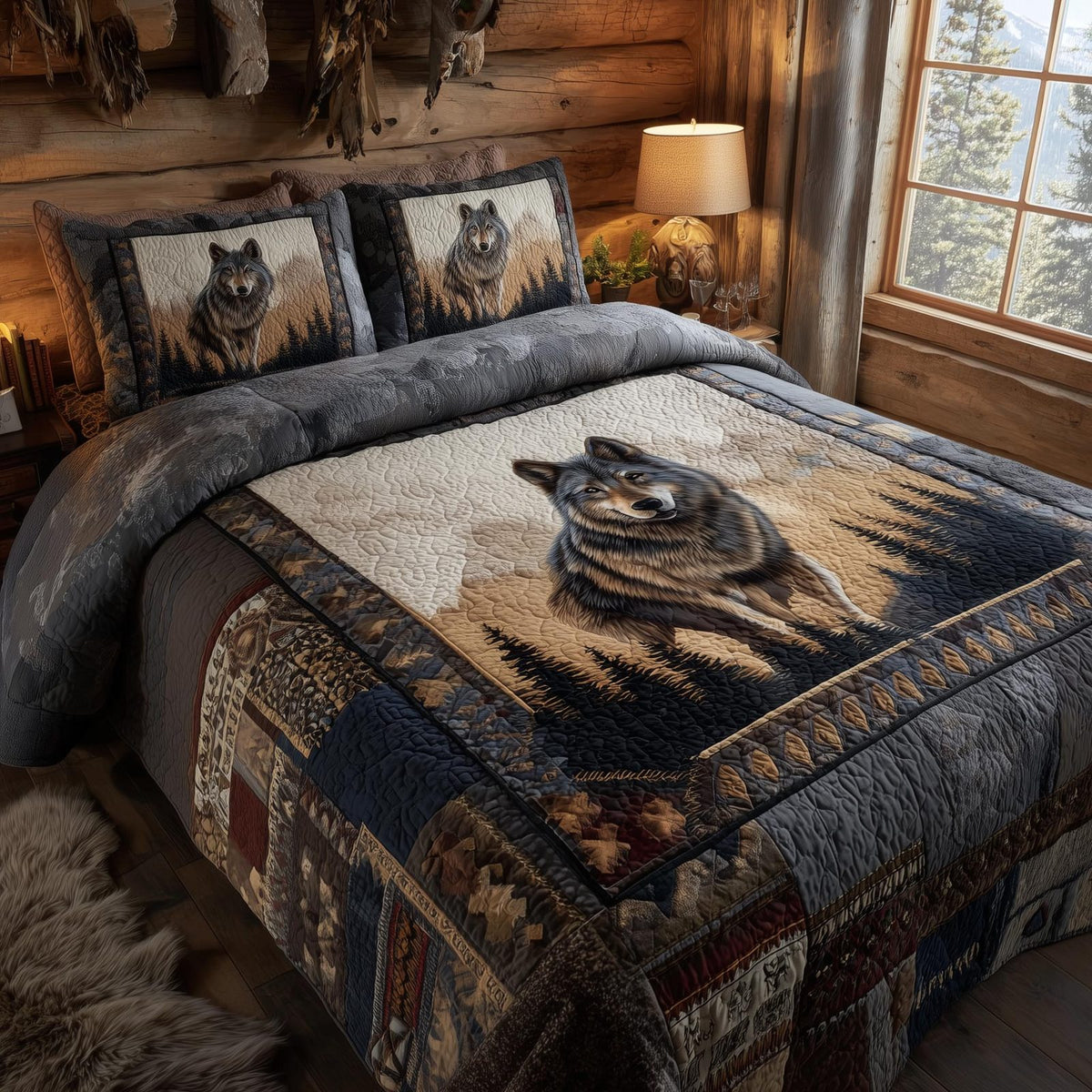 Wolf quilted 3-piece bedding set on a made bed with two matching pillow shams