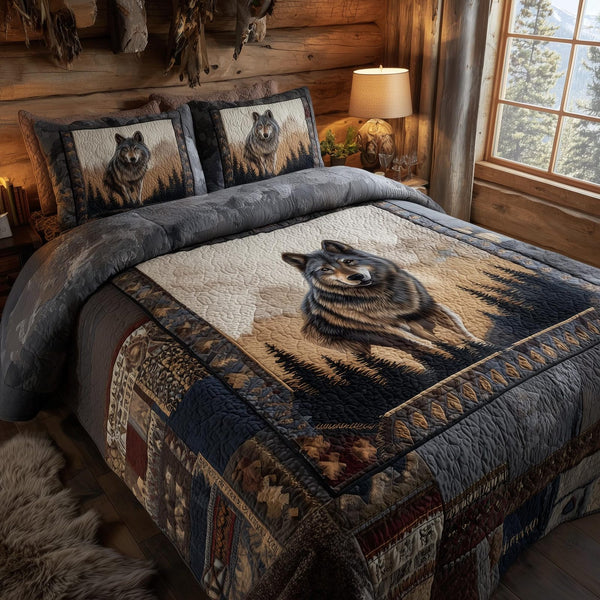 Wolf quilted 3-piece bedding set on a made bed with two matching pillow shams