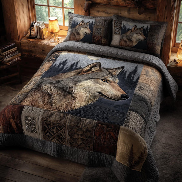 Wolf quilted 3-piece bedding set on a made bed with two matching pillow shams