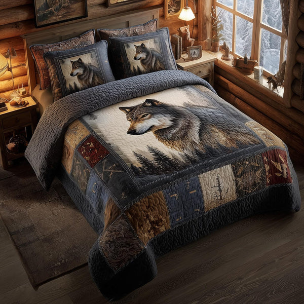 Wolf quilted 3-piece bedding set on a made bed with two matching pillow shams