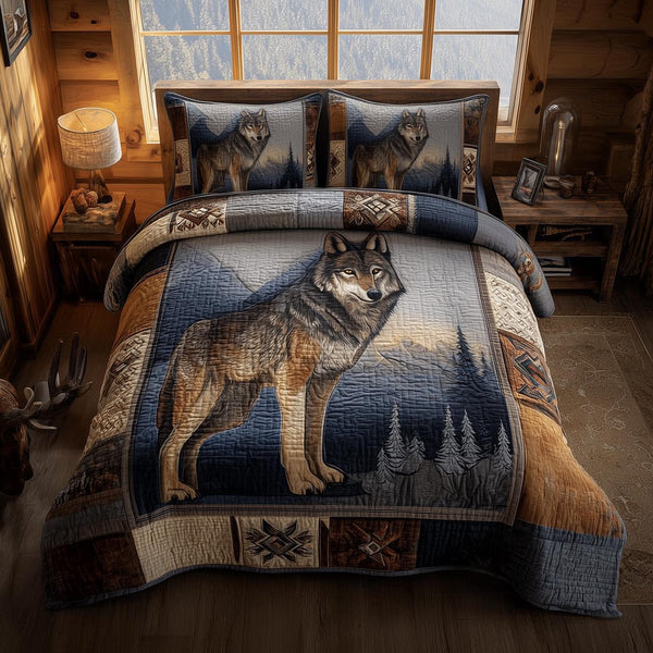 Wolf quilted 3-piece bedding set on a made bed with two matching pillow shams