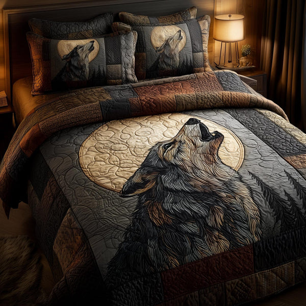 Wolf quilted 3-piece bedding set on a made bed with two matching pillow shams