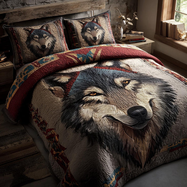 Wolf quilted 3-piece bedding set on a made bed with two matching pillow shams