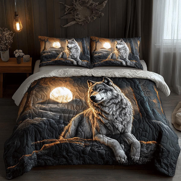 Wolf Shadow quilted 3-piece bedding set on a made bed with two matching pillow shams