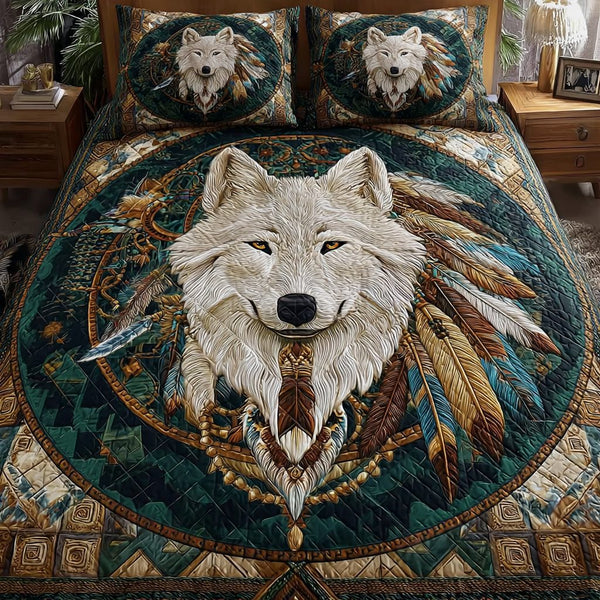 Wolf Soul quilted 3-piece bedding set on a made bed with two matching pillow shams