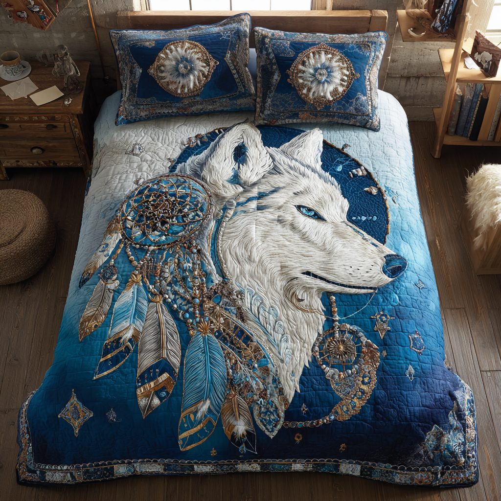Wolf Spirit quilted 3-piece bedding set on a made bed with two matching pillow shams