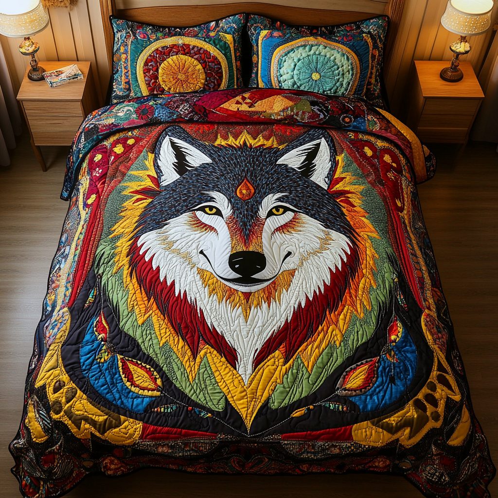 Wolf Spirit quilted 3-piece bedding set on a made bed with two matching pillow shams