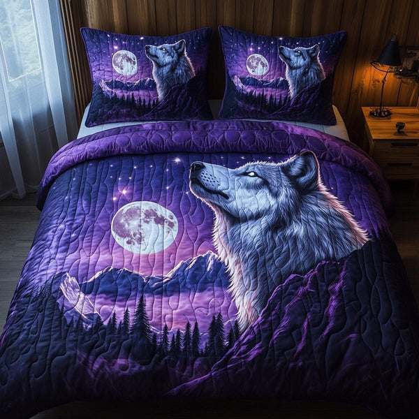 Wolf Spirit quilted 3-piece bedding set on a made bed with two matching pillow shams